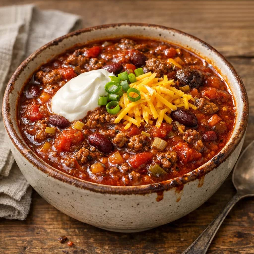 Award Winning Chili - This hearty chili combines ground beef and breakfast sausage with vegetables, beans, and spices. It’s simmered for maximum flavor and served with optional toppings like sour cream, cheddar cheese, and green onions.