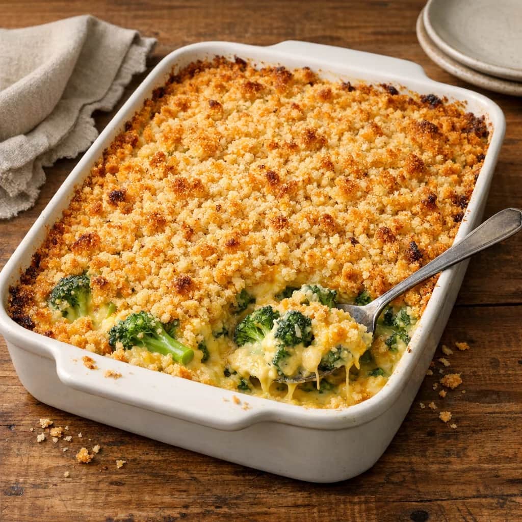 Broccoli Casserole - A creamy, cheesy broccoli casserole topped with crunchy self-rising cracker crumbs and baked until golden. Perfect as a comforting side dish for weeknight dinners or holiday meals.