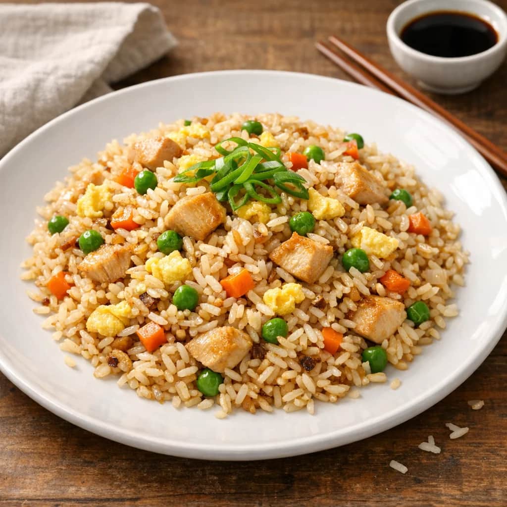 Chicken Fried Rice - This easy chicken fried rice is a satisfying one-pan meal that comes together in under 30 minutes. Day-old rice, tender chicken, scrambled eggs, and crisp veggies are tossed in a savory soy-sesame sauce for a classic takeout favorite at home.