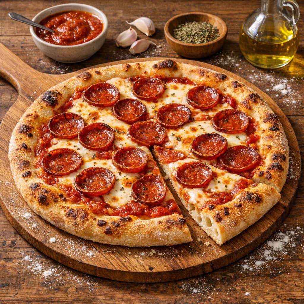 Classic Homemade Pizza - This homemade pizza recipe guides you through making a flavorful crust from scratch, a simple tomato sauce, and classic pepperoni and cheese toppings. Perfect for a family dinner or gathering, it yields two 12-inch pizzas with a crisp crust and bubbling cheese.