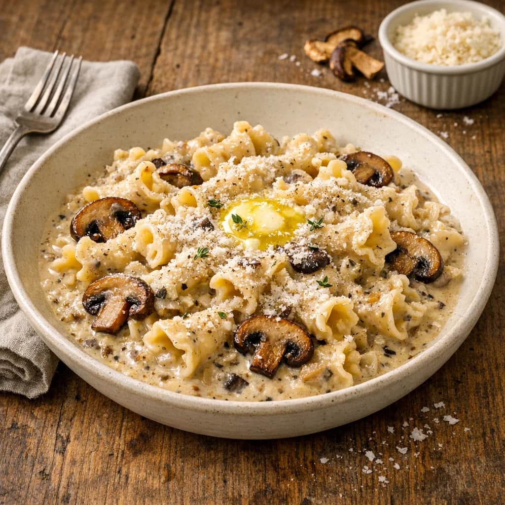 Creamy Mushroom White Sauce Pasta - Adapted from https://www.brianlagerstrom.com/recipes/creamy-mushroom-pasta. Pasta tossed in a creamy mushroom white sauce made with mushroom broth, heavy cream, and aged parmesan.