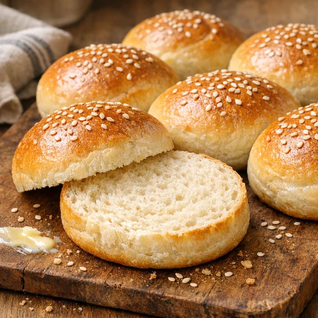 Hamburger Buns - Soft and fluffy homemade hamburger buns lightly topped with sesame seeds. Adapted from Pro Food Homemade. Perfect for making your favorite burgers.