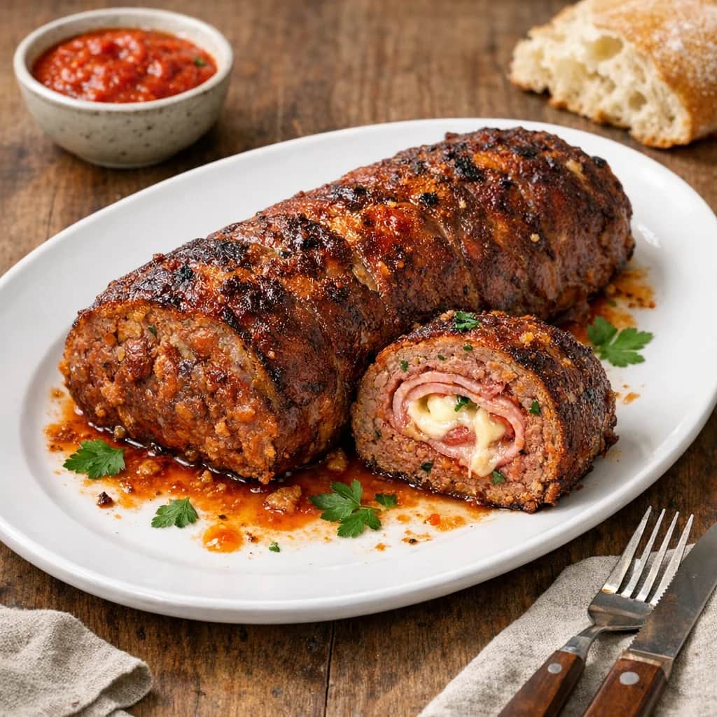 Sicilian Meat Roll - A classic Sicilian-style meat roll where seasoned ground beef is mixed with bread crumbs, tomato juice and herbs, then spread out, layered with thinly sliced ham and shredded mozzarella, rolled up and baked until tender and cheesy.