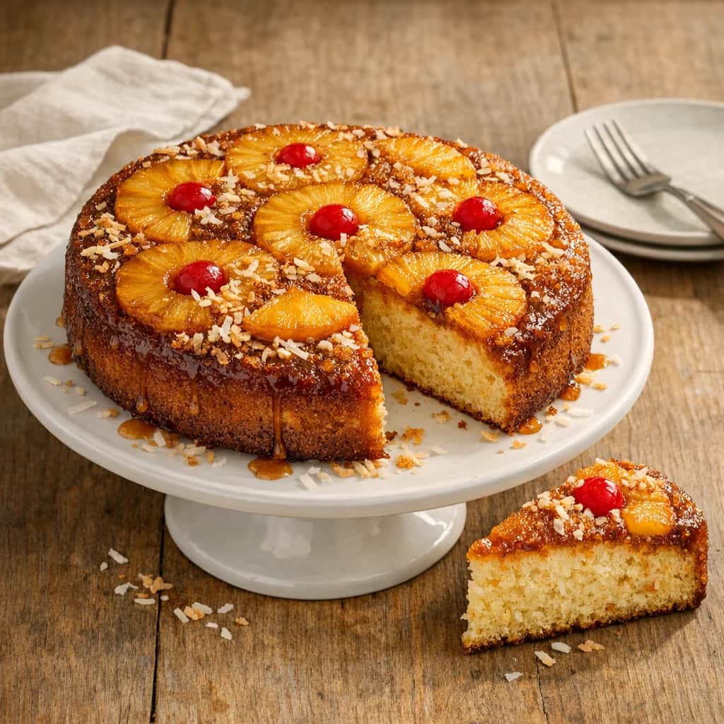 Upside-Down Pineapple Coconut Cake (Carolina Gellen Style) - A tropical twist on the classic upside-down cake featuring caramelized pineapple and shredded coconut. Topped with sweet coconut and optional cherries, this cake offers a moist crumb and rich flavor.